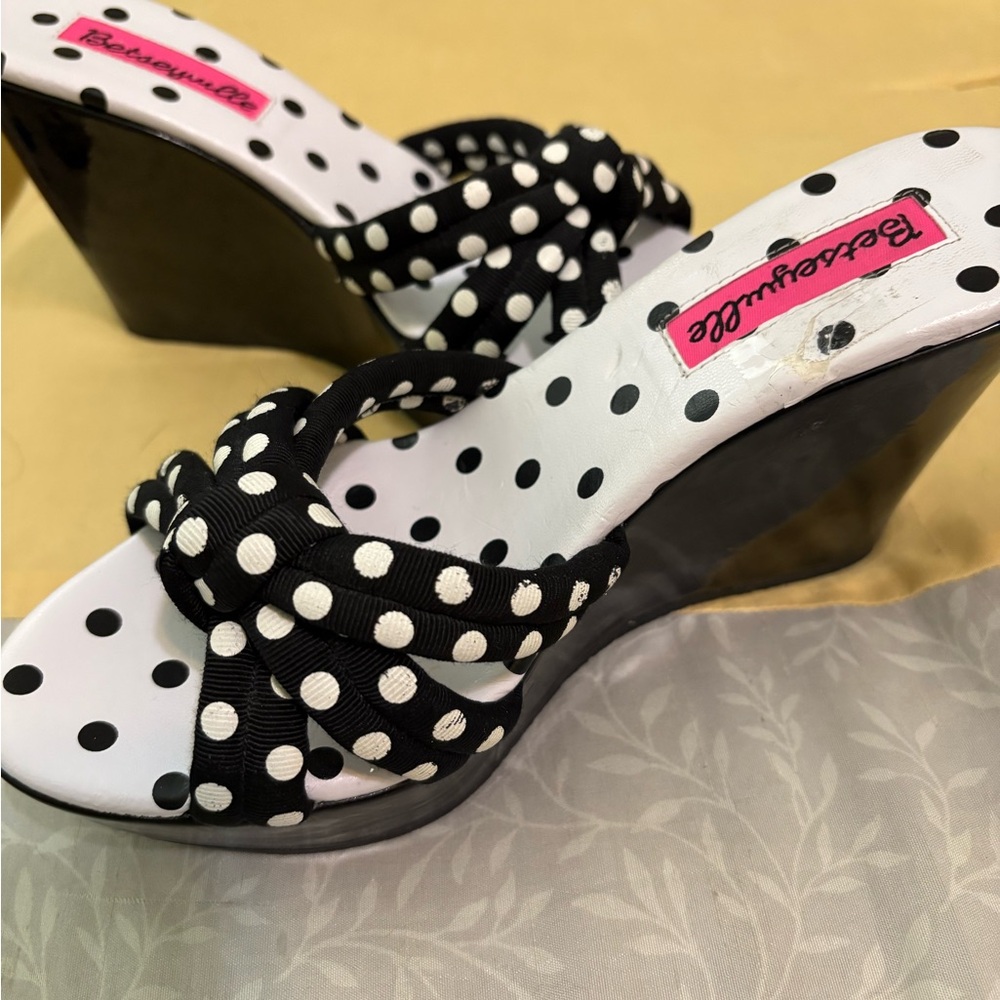 Betsey Johnson Black and White Polka Dot Wedges
